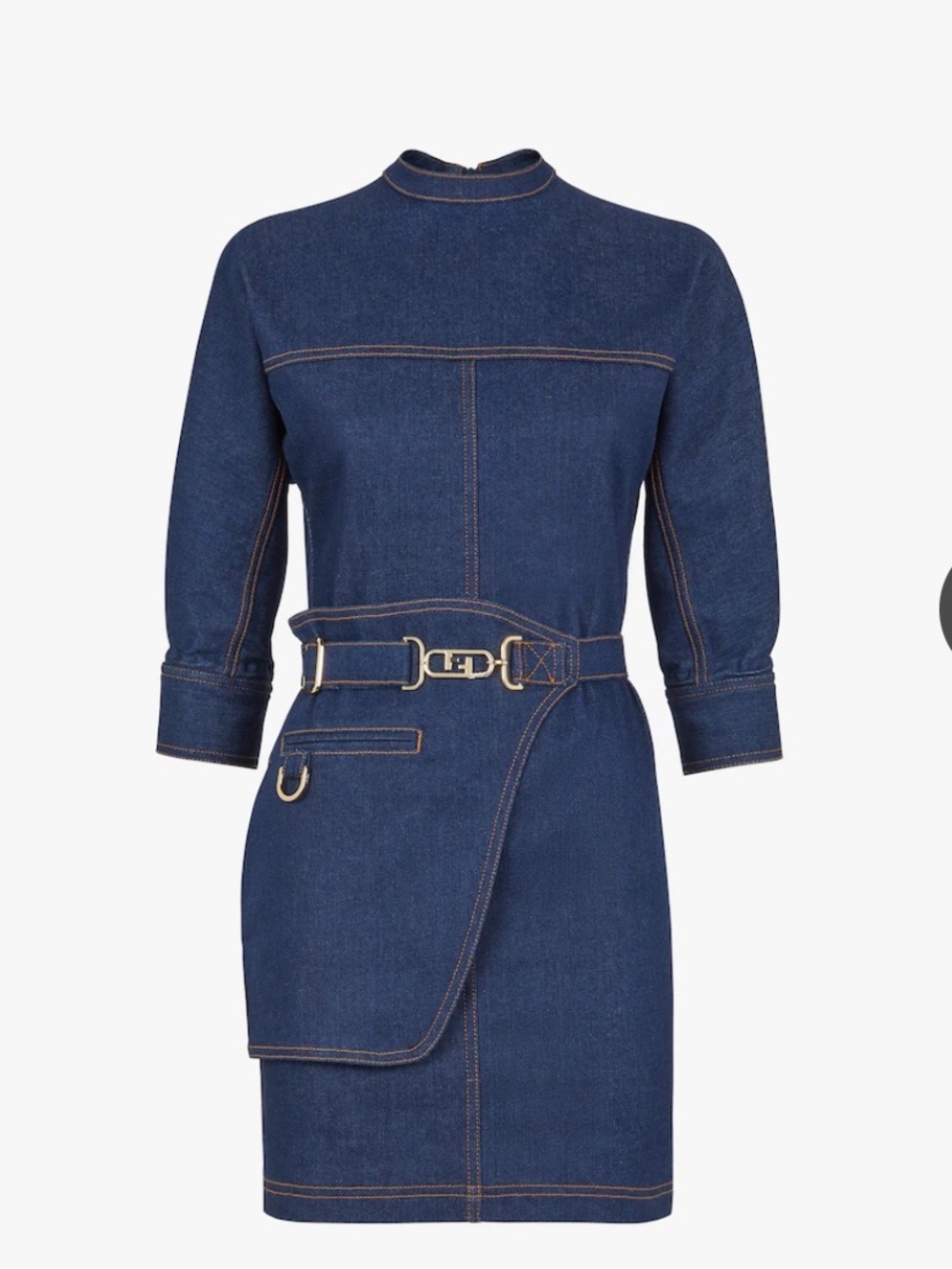 Fendi Dark Blue Denim Crew-Neck Belted Mini Dress - Picture 3 of 13